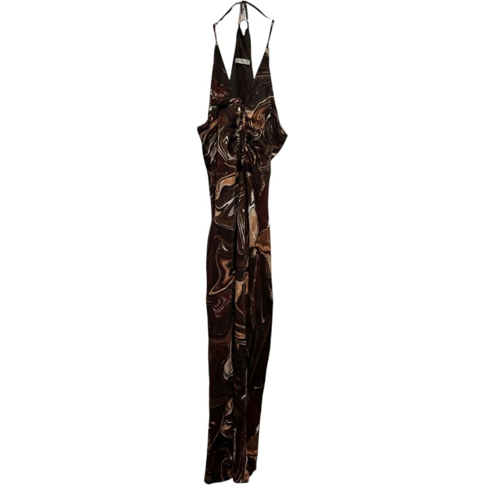 Heart & Hips Brown Marble Swirl Print Halter Maxi Dress Ruched V-Neck Small
